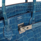 Hermes Birkin 35 Bleu Mykonos Shiny Porosus Crocodile Palladium Hardware