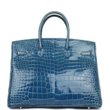 Hermes Birkin 35 Bleu Mykonos Shiny Porosus Crocodile Palladium Hardware