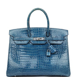 Hermes Birkin 35 Bleu Mykonos Shiny Porosus Crocodile Palladium Hardware