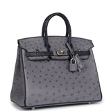 Hermes Special Order (HSS) Birkin 25 Gris Agate and Bleu Indigo Ostrich Brushed Palladium Hardware