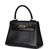Vintage Hermes Kelly Sellier 20 Black Varanus Salvator Lizard Gold Hardware