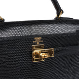 Vintage Hermes Kelly Sellier 20 Black Varanus Salvator Lizard Gold Hardware