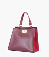 Burgundy suede front lock top-handle mini bag