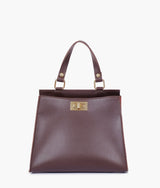 Dark brown suede front lock top-handle mini bag