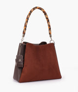 Dark brown suede handbag with braided handle