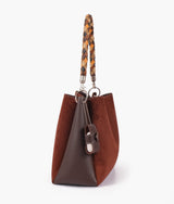Dark brown suede handbag with braided handle