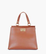 Brown front lock top-handle mini bag