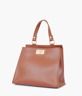Brown front lock top-handle mini bag